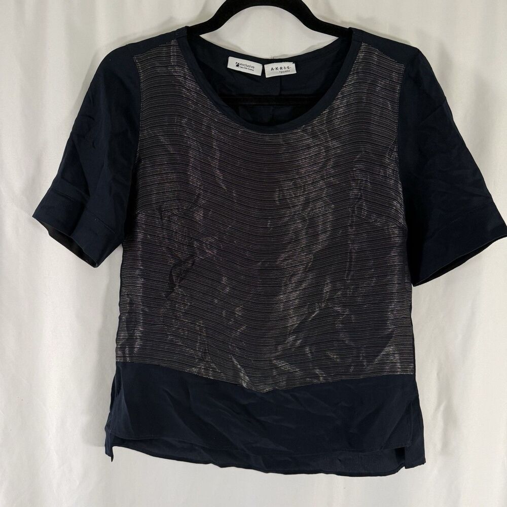 Exclusive Saks Fifth Avenue Silk Blend Blouse Women 8 Blue Short Sleeve Metallic